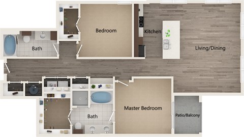 A floor plan of a house with a master bedroom and a kitchen.